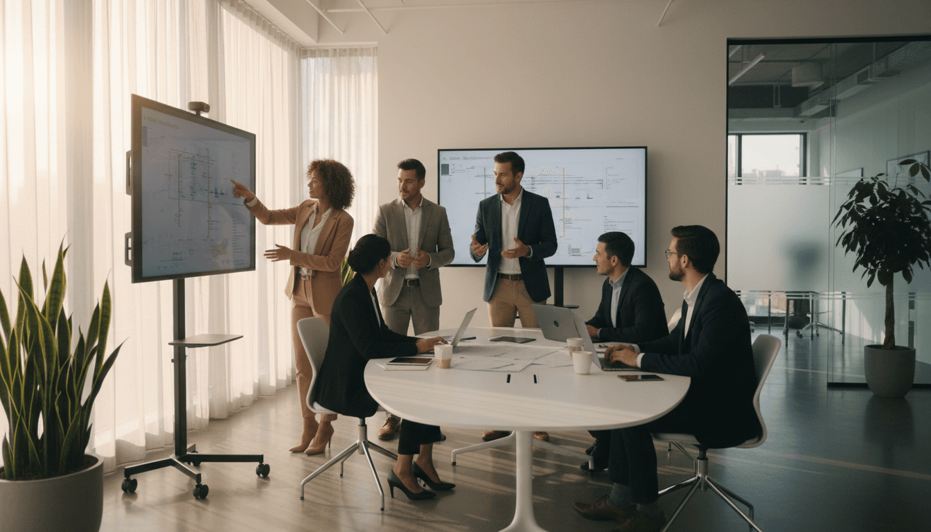 Professional team members collaborating in a bright, organized office environment