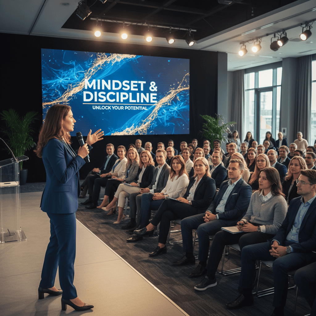 Workshop facilitator presenting on mindset and discipline to professional audience