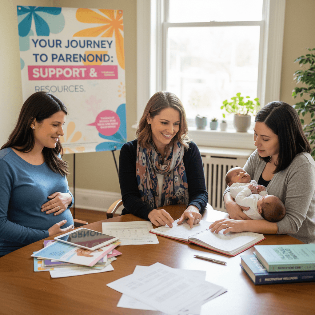 Support specialist assisting pregnant woman and new mother with program resources