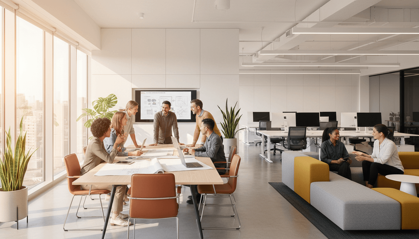 Professional team collaborating in a bright, organized office environment