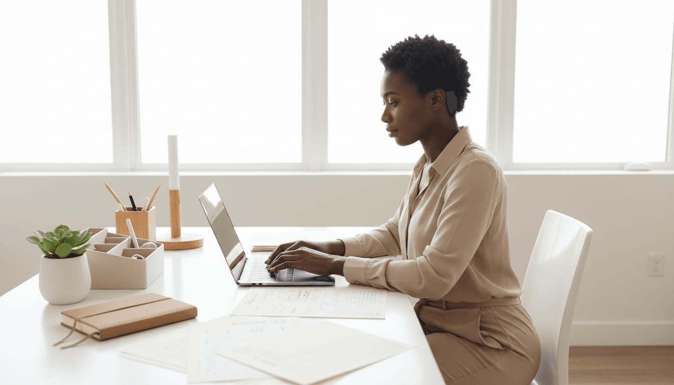 Professional woman in a welcoming office environment, smiling warmly at camera